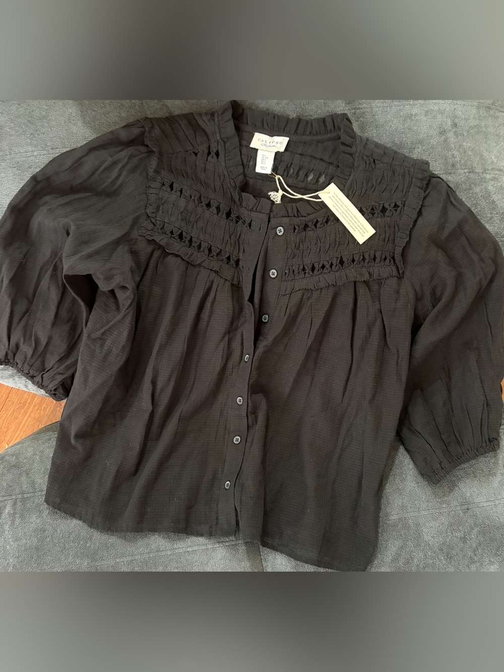 NWT Calypso St. Barth TopBlack Button-Front Crochet Yoke Blouse Ruffle No Collar
